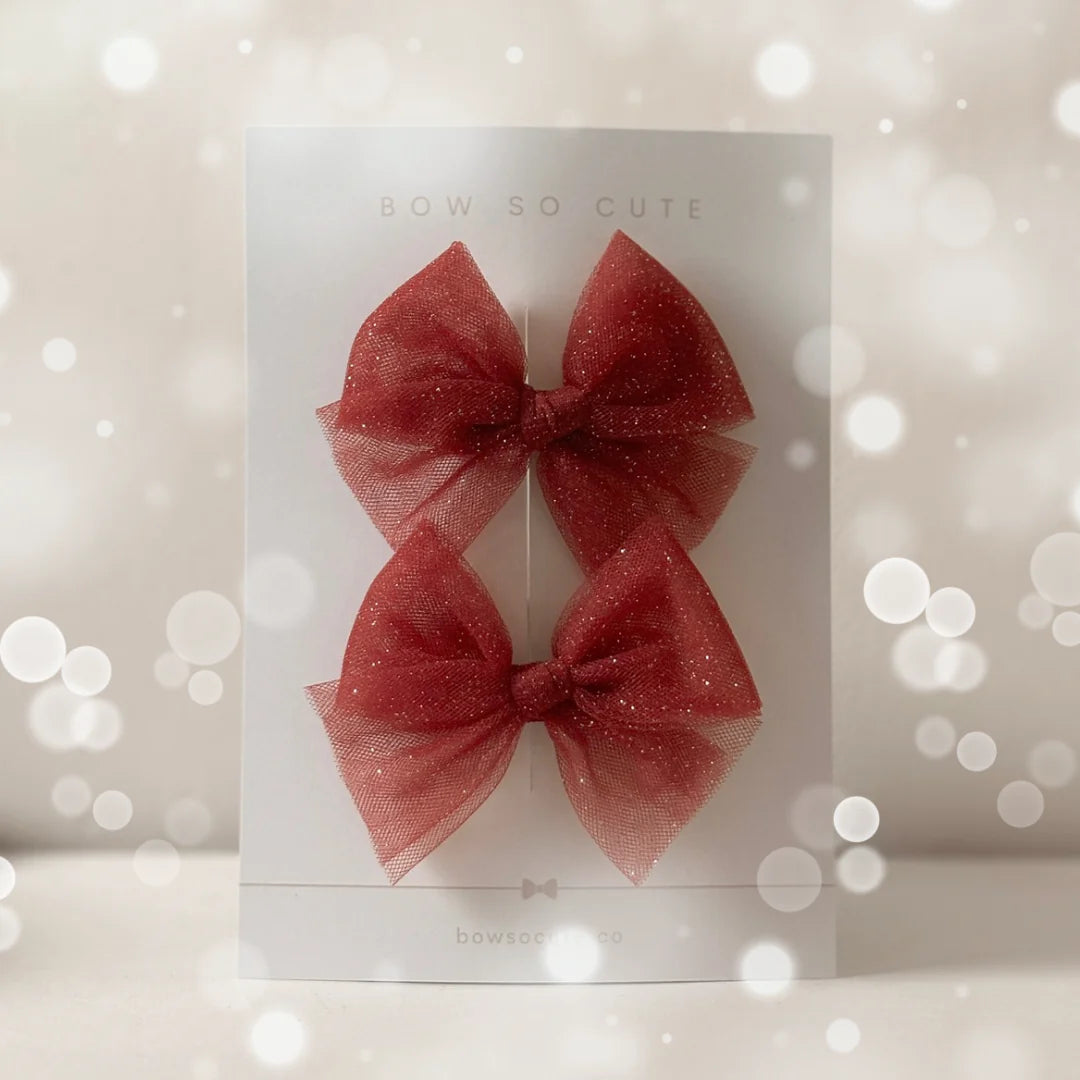 Tulle Pigtail Bows | Cranberry Red Glitter