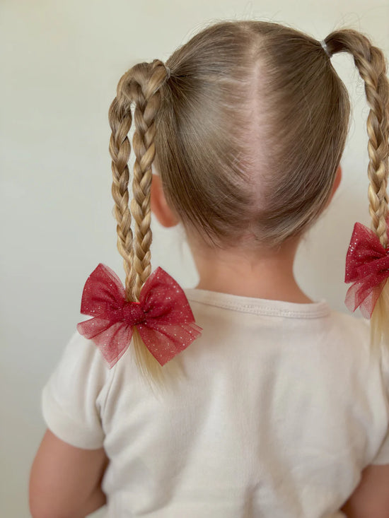 Tulle Pigtail Bows | Cranberry Red Glitter