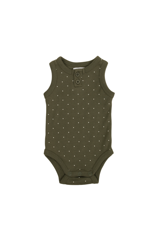 Load image into Gallery viewer, Organic Cotton Singlet Bodysuit - Tiny Dots Olive
